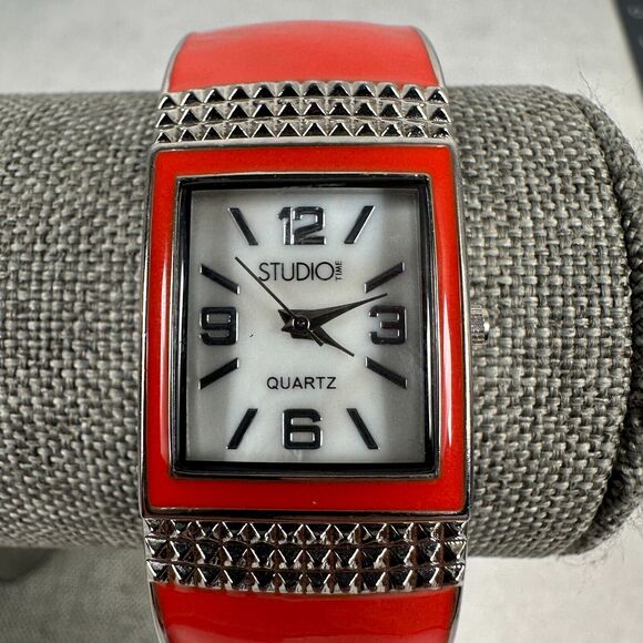 Studio Time Watch Women 21mm Rectangle MOP Dial Red Enamel Cuff Band New Battery - Picture 5 of 11